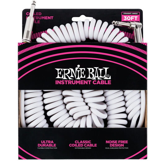 Ernie Ball Coiled Guitar Cable Straight/Angle White - 30ft (9.14m)iled Instrument Cable Straight/Angled Jacks White