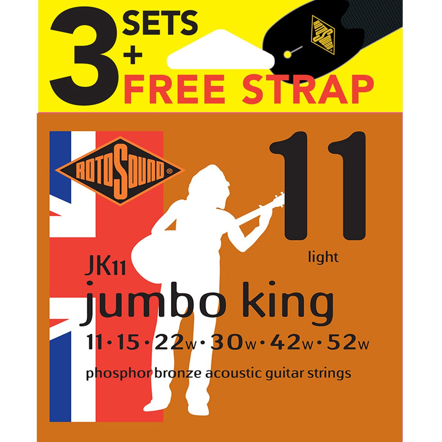 Rotosound JK11 Nickel Plated Acoustic Guitar Strings x3 Sets & FREE Strap Gauge 11-52