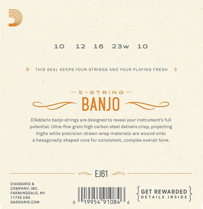 Daddario EJ61 5-String Banjo Strings, Nickel, Medium 10-23