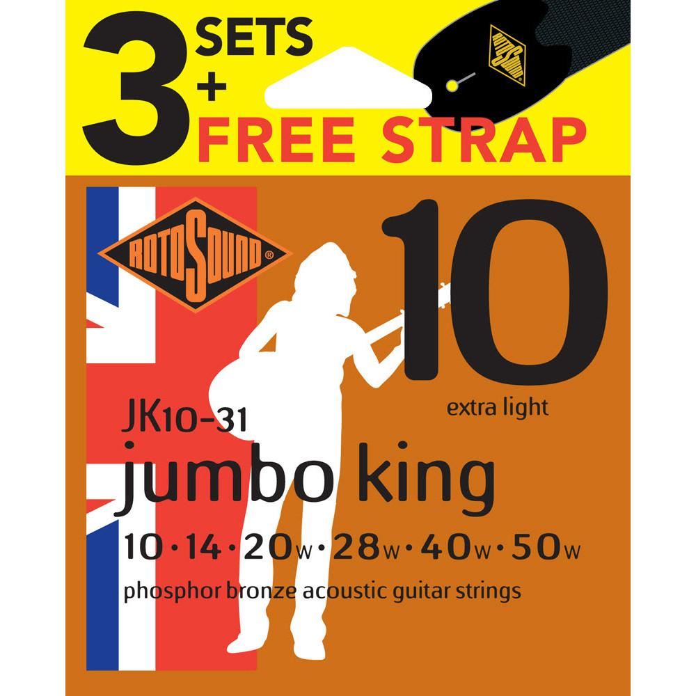Rotosound JK10 Acoustic Guitar Strings 3 Sets & FREE Strap Gauge 10-50