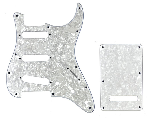 11-Hole Stratocaster Compatible Scratchplate Pickguard SSS & Backplate Tremolo Cover Combo - White Pearl 3-ply