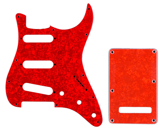 11-Hole Stratocaster Compatible Scratchplate Pickguard SSS & Backplate Tremolo Cover Combo - Red Pearl 3-ply