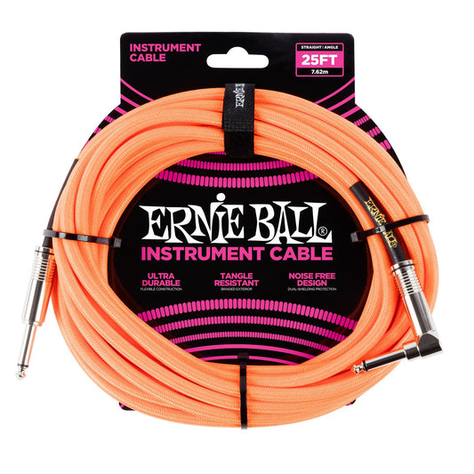 Ernie Ball Braided Guitar Cable Straight/Angle Neon Orange - 25ft (7.62m)