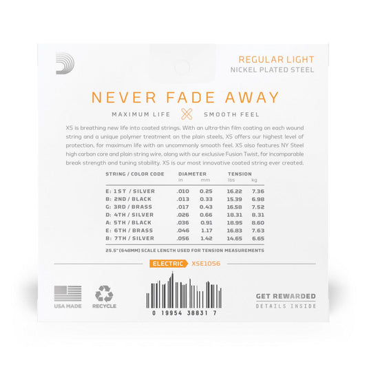 D'Addario XS 7-String Coated Nickel Wound 10-56 Electric Guitar Strings, Regular Light