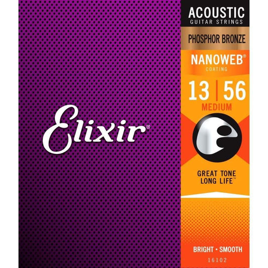 Elixir 16102 Phosphor Bronze Nanoweb Acoustic Strings - Medium 13 - 56