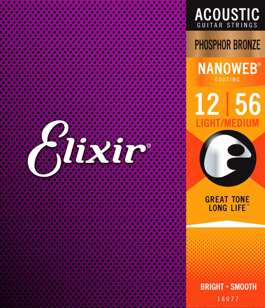 Elixir 16077 Phosphor Bronze Nanoweb Acoustic Strings - Light-Medium 12 - 56