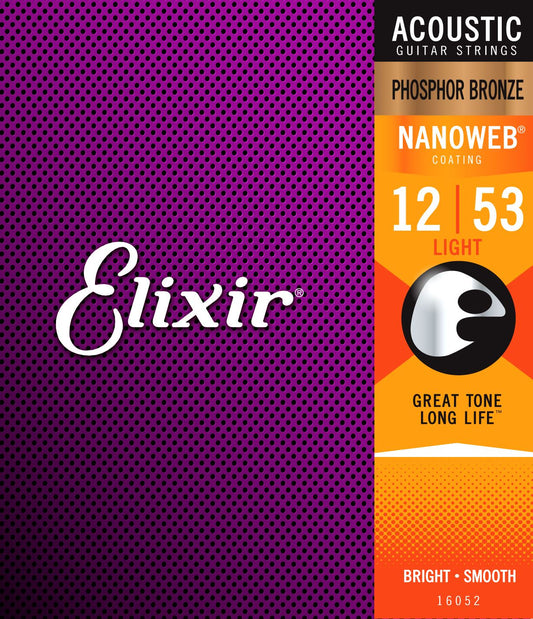 Elixir 16052 Phosphor Bronze Nanoweb Acoustic Strings - Light 12 - 53