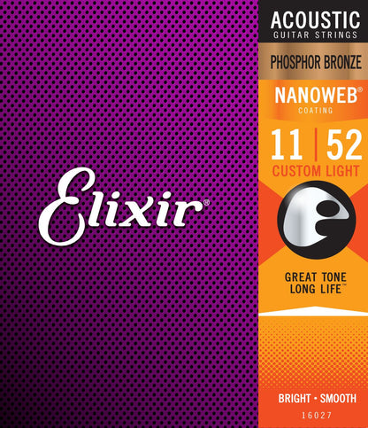 Elixir 16027 Phosphor Bronze Nanoweb Acoustic Strings - Custom Light 11 - 52